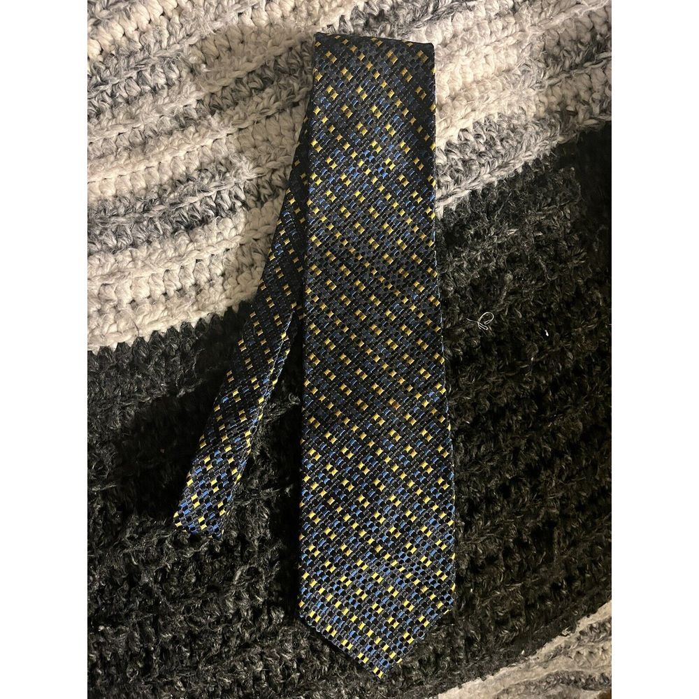 Designer PIERRE BALMAIN Silk Tie - Blue & Yellow Print - Hand Made Italy Necktie